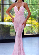 Adriel Strapless Crystal Bustier Sequin Maxi Dress In Pink