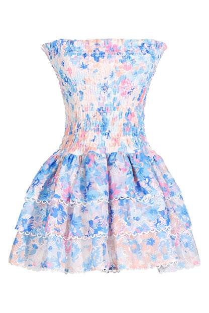 Fritia Floral Ruched Strapless Mini Dress In Blue