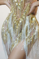Jelliton Rhinestone Fringe Mesh Mini Bodysuit In Gold