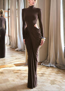 Gneissa Long Sleeve Cutout Draped Maxi Dress In Brown