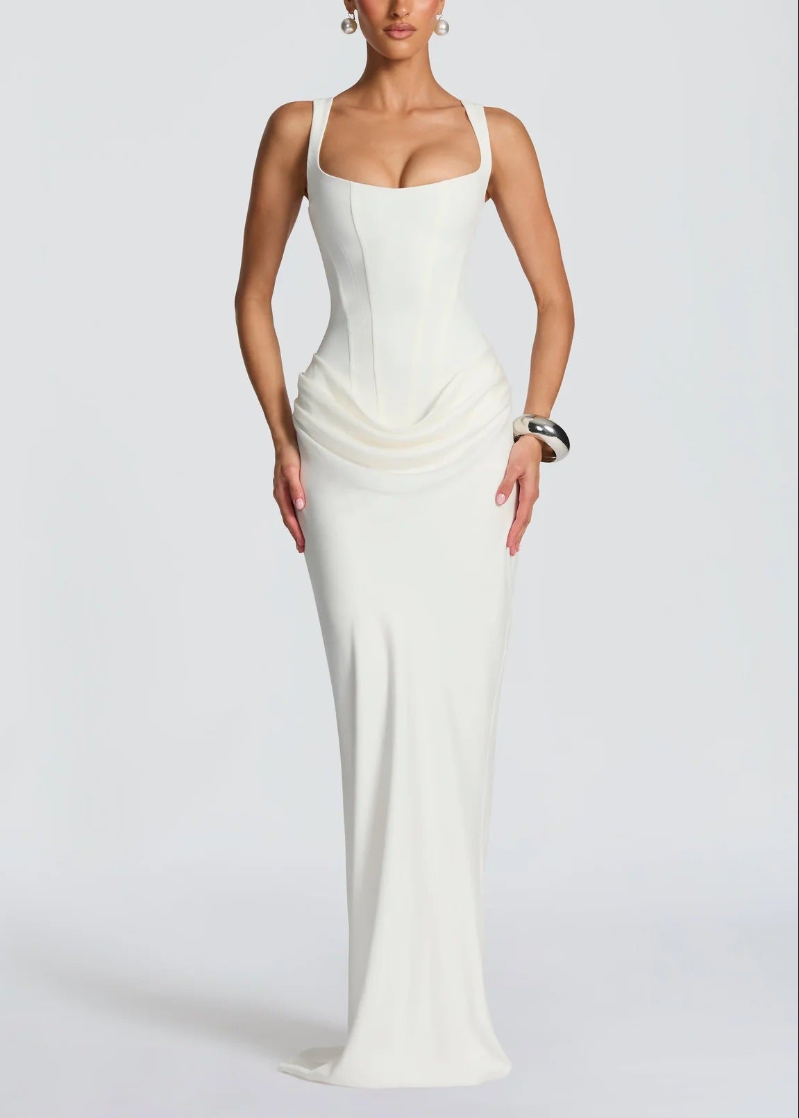Feyza Corset Draped Maxi Dress In White
