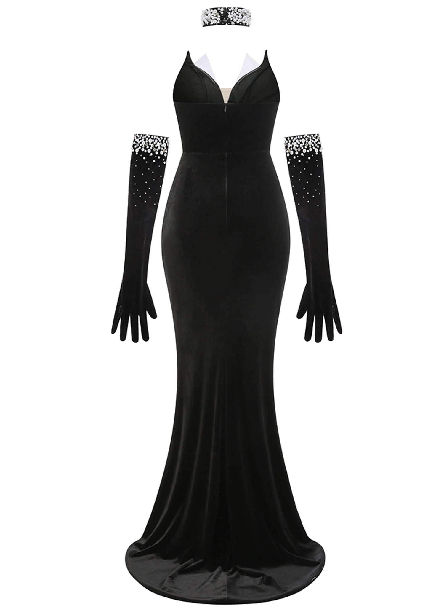 Ramla Strapless Pearl Detail Maxi Velvet Dress In Black