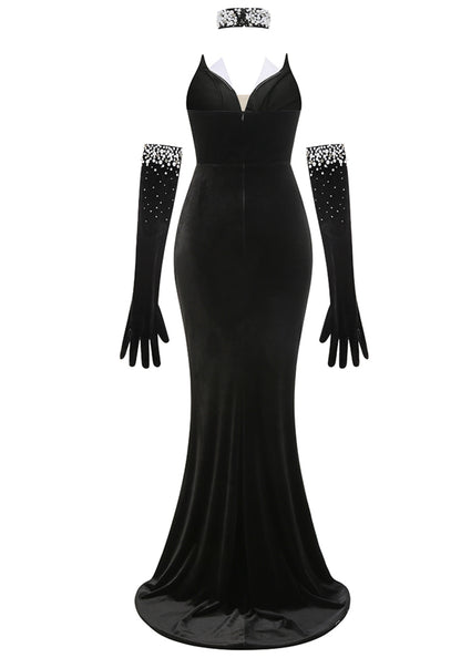 Ramla Strapless Pearl Detail Maxi Velvet Dress In Black