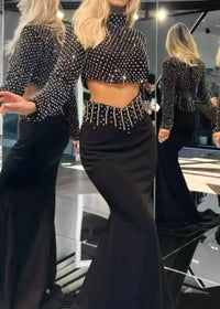 Reinier Long Sleeve Pearl Crystal Two Piece Maxi Dress In Black