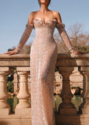 Corvain Long Sleeve Bardot Maxi Dress In Nude