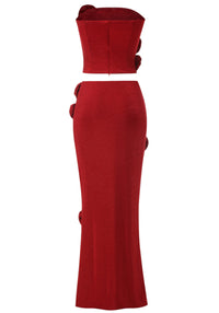 Aryxar Strapless Sparkly Floral Two Piece Maxi Dress In Red