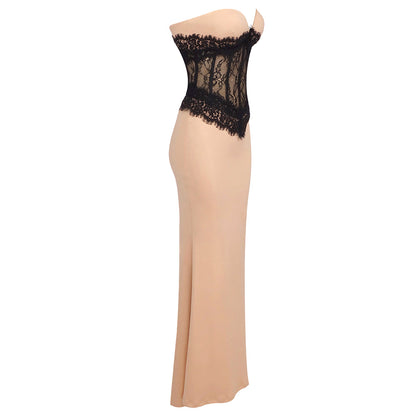 Oriana Crepe Lace Corset Maxi Dress In Beige