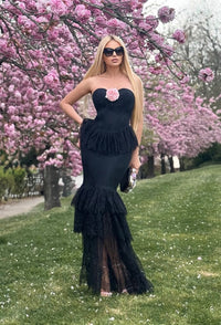 Clora Halter Floral Lace Ruffle Maxi Dress In Black