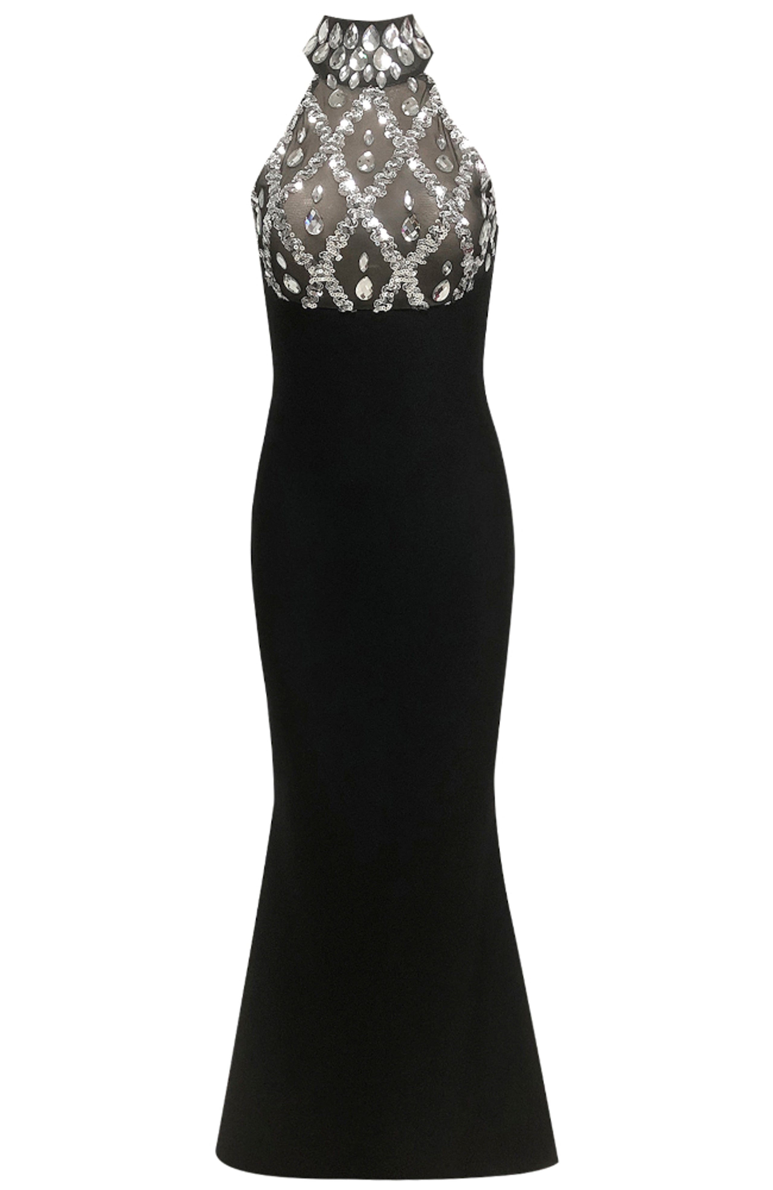 Ronica Halter Crystal Mermaid Maxi Dress In Black