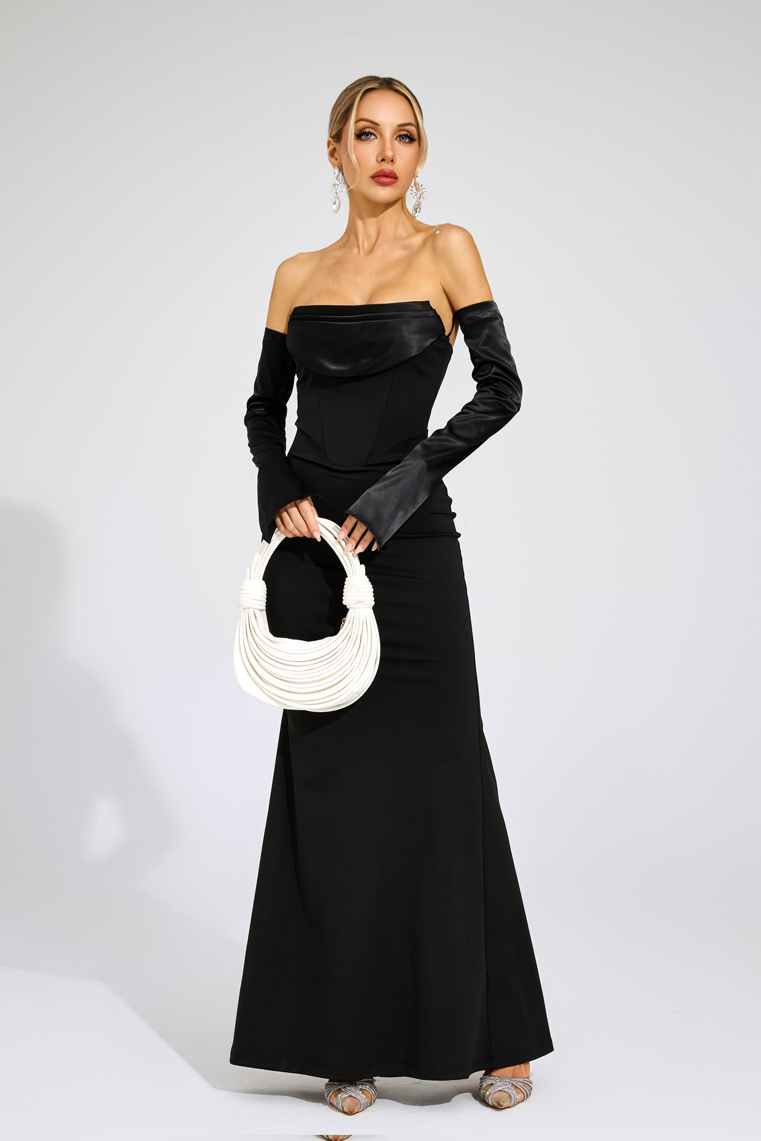 Radka Long Sleeve Strapless Draped Maxi Dress In Black