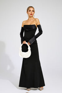 Radka Long Sleeve Strapless Draped Maxi Dress In Black