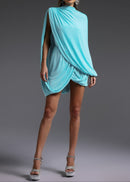 Dravyx Long Sleeve Fold Splice Mini Dress In Blue