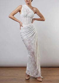 Minya One Shoulder Draped Lace Maxi Dress In White