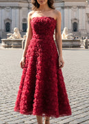 Ionocraft Strapless Floral A Line Midi Dress In Red