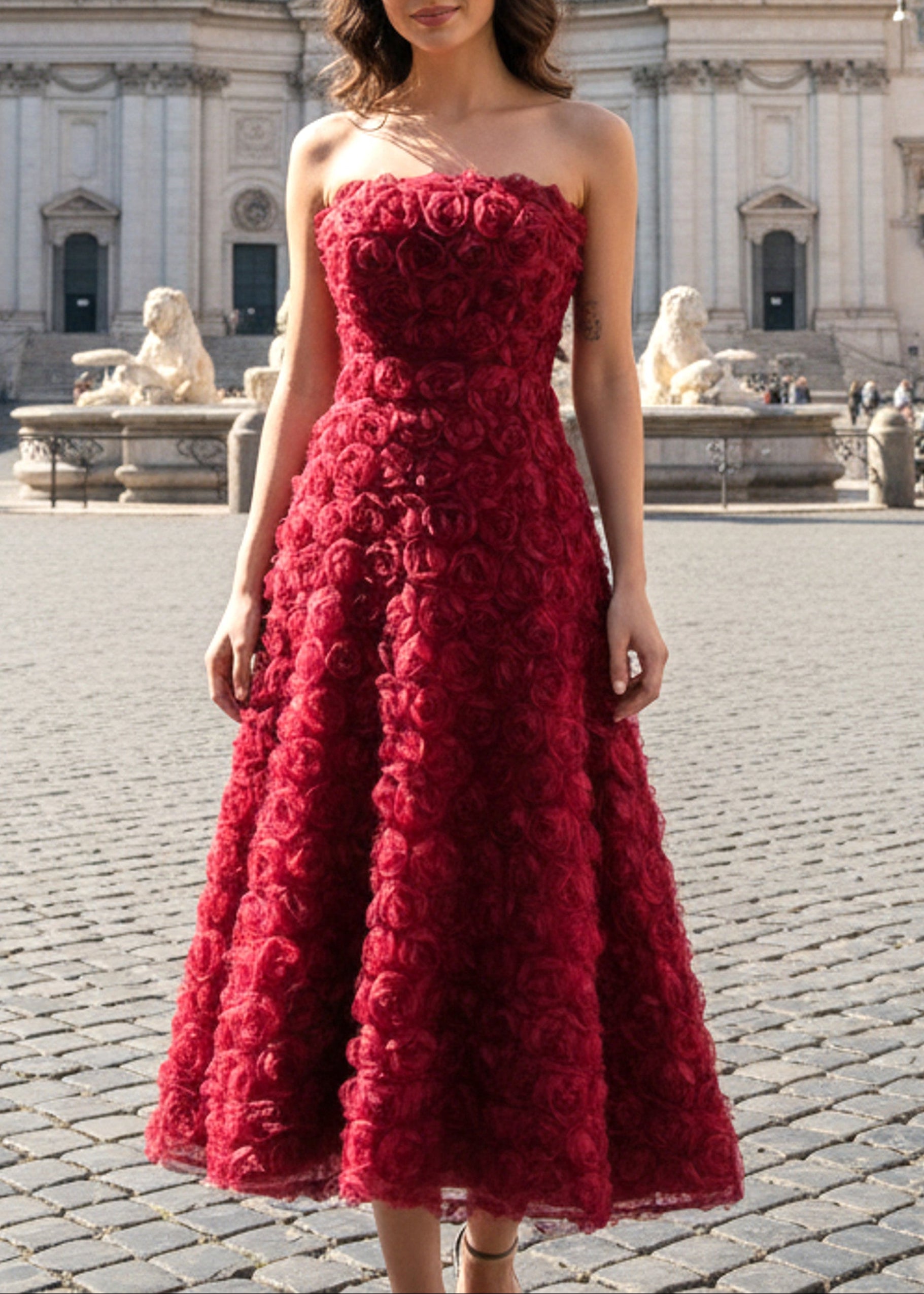 Ionocraft Strapless Floral A Line Midi Dress In Red