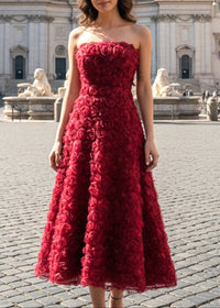 Ionocraft Strapless Floral A Line Midi Dress In Red