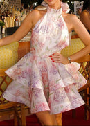 Panola Backless Flower Printed Bow Mini Dress In Pink