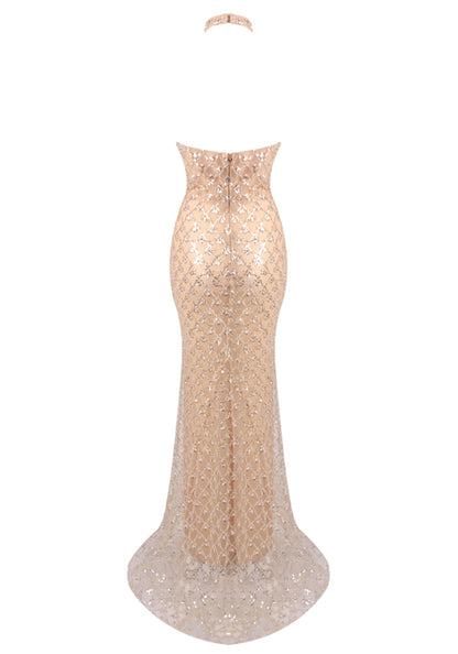 Eldrian Halter Sequin Maxi Dress In Nude