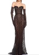 Aevren Strapless Lace Bustier Corset Maxi Dress In Black