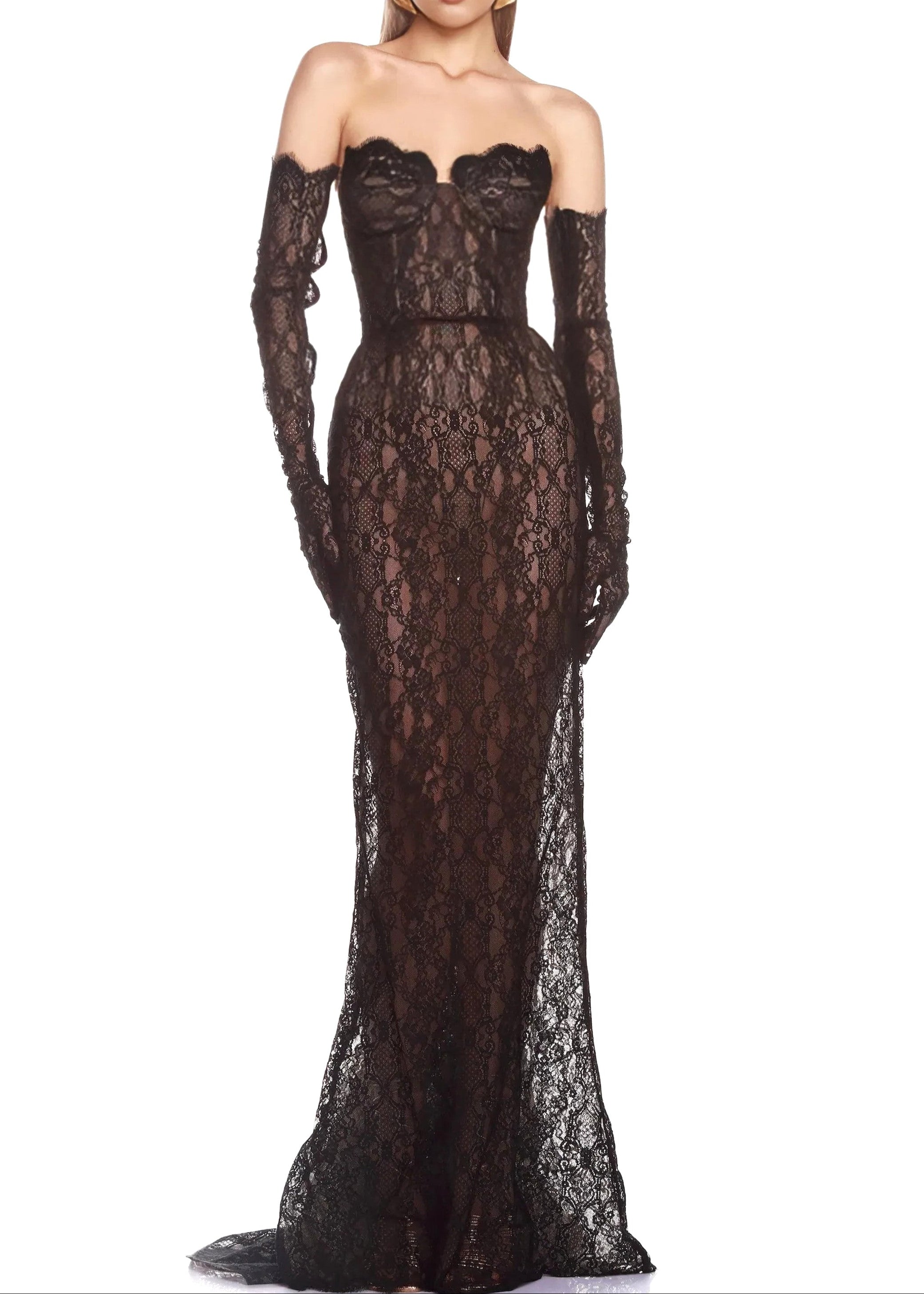 Aevren Strapless Lace Bustier Corset Maxi Dress In Black