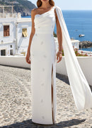 Vazvara One Shoulder Crystal Detail Maxi Dress In White