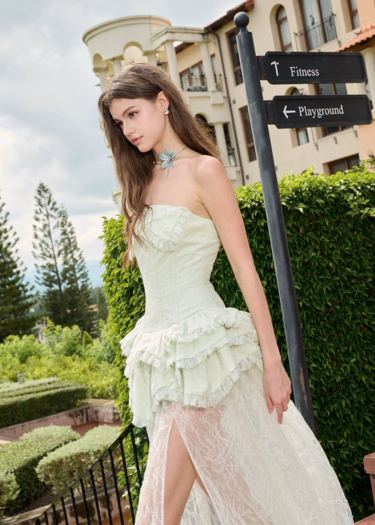 Hovena Green Layered Floral Lace Maxi Dress