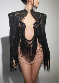 Morpheus Fringe Mesh Mini Dress With Coat In Black