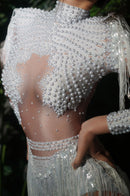 Paniz Rhinestone Fringe Bodysuit In Silver