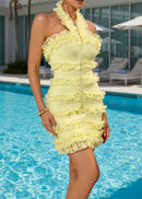 Aguirre Halter Lace Ruffle Mini Dress In Yellow