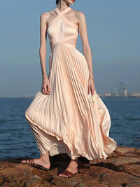 Azhrik Halter Pleated Maxi Dress In Peach Pink