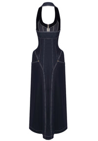 Fyriael Halter Structured A Line Maxi Denim Dress In Black