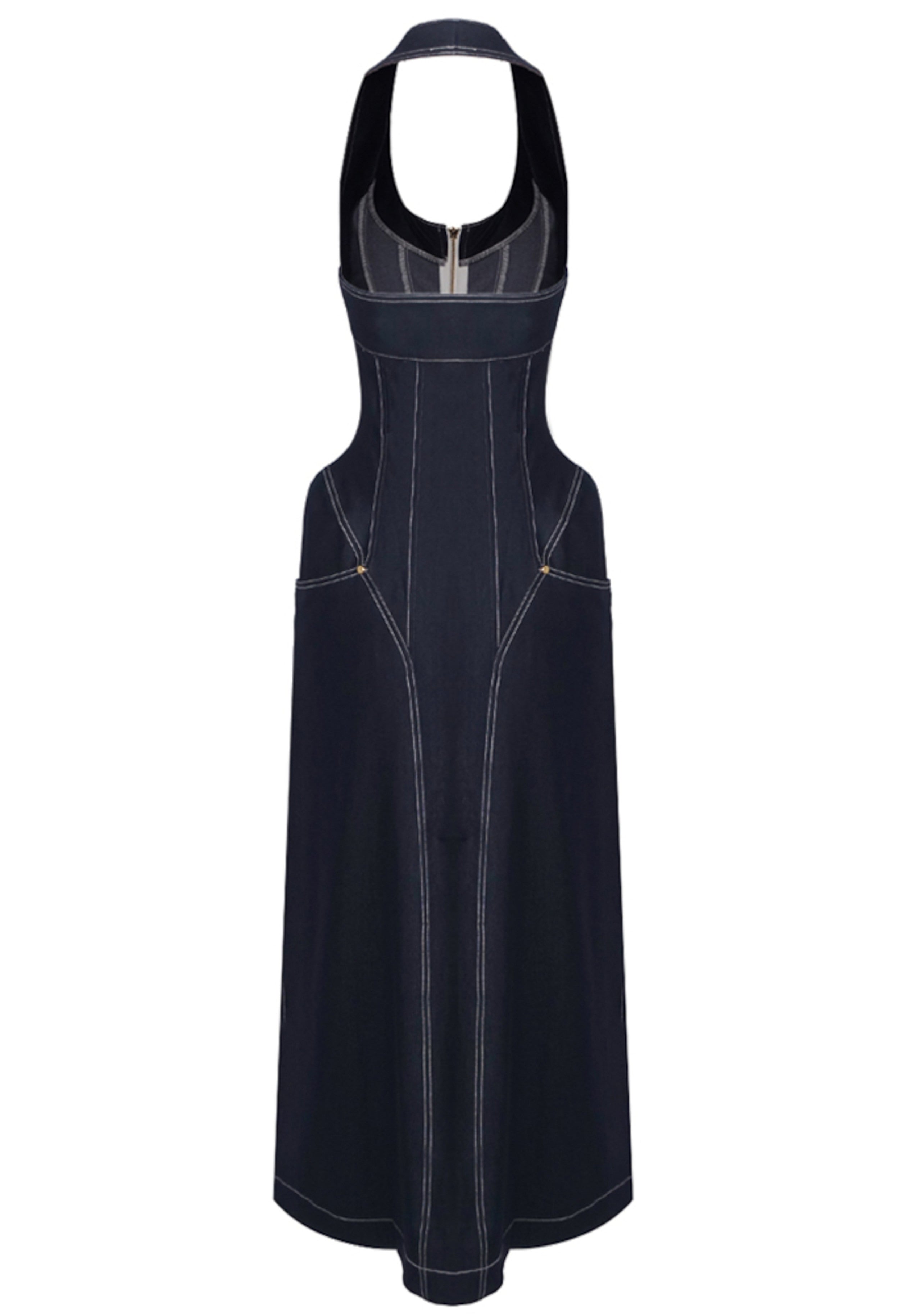 Fyriael Halter Structured A Line Maxi Denim Dress In Black