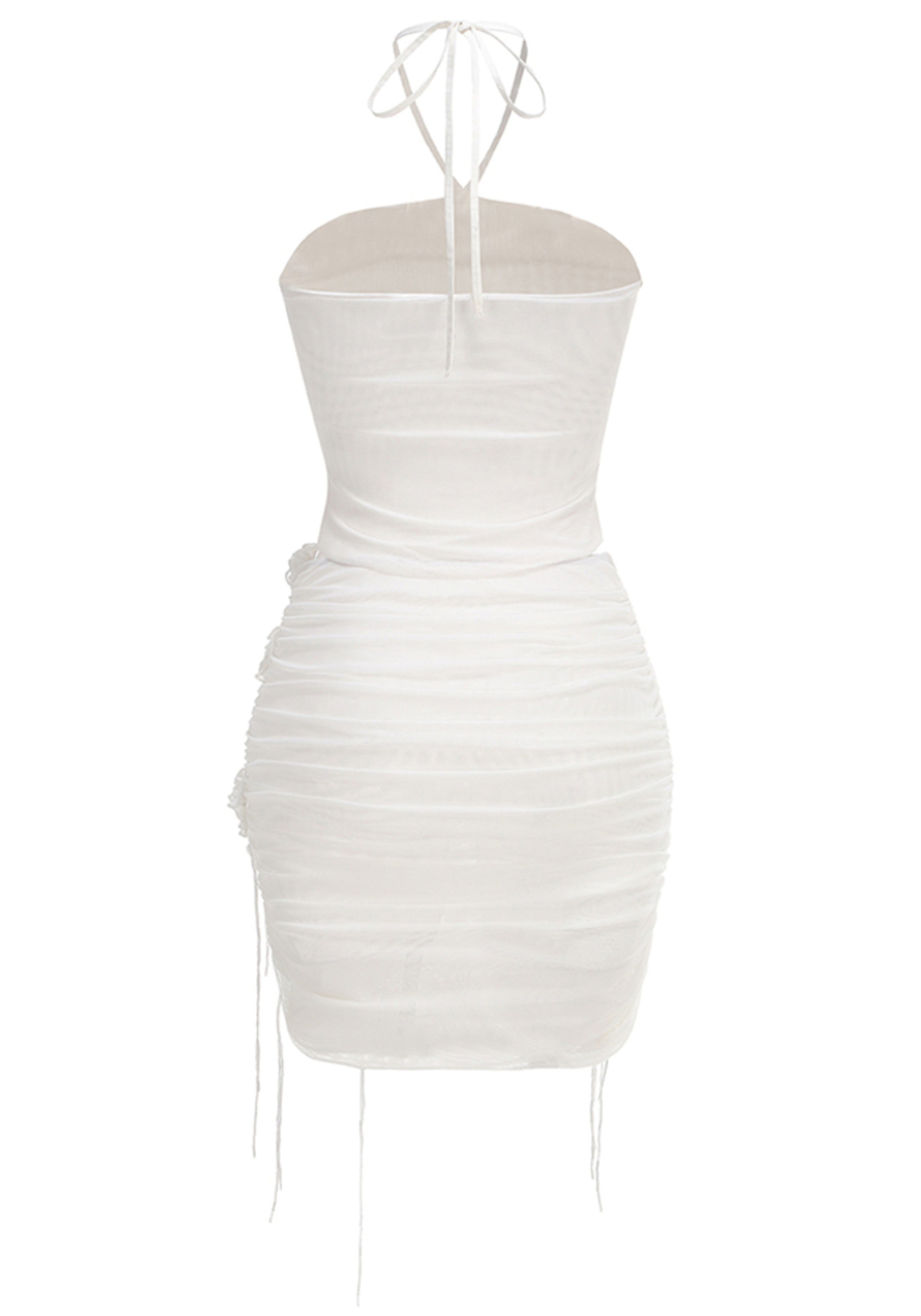 Glein Halter Floral Ruched Two Piece Dress In White