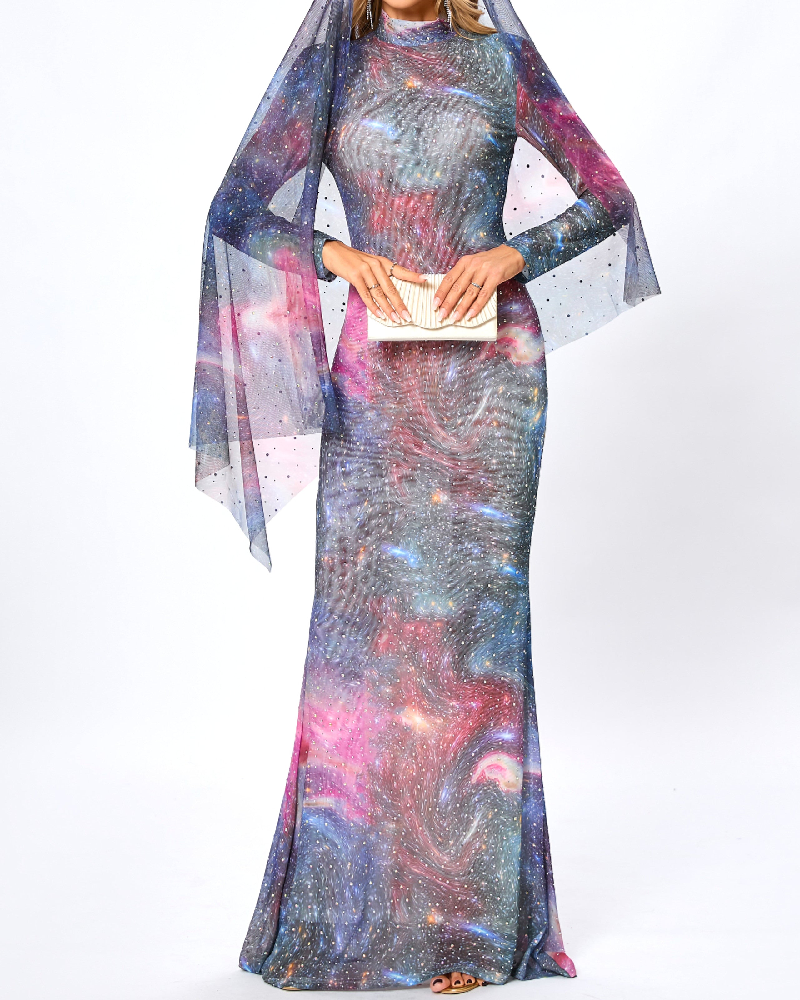 Lyn Long Sleeve Studded Maxi Dress In Galaxy