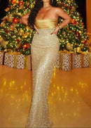 Larisa Satin Sequin Pearls Beaded Maxi Dress In Gold