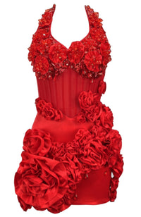 Pryssa Halter Crystal Floral Mini Dress In Red