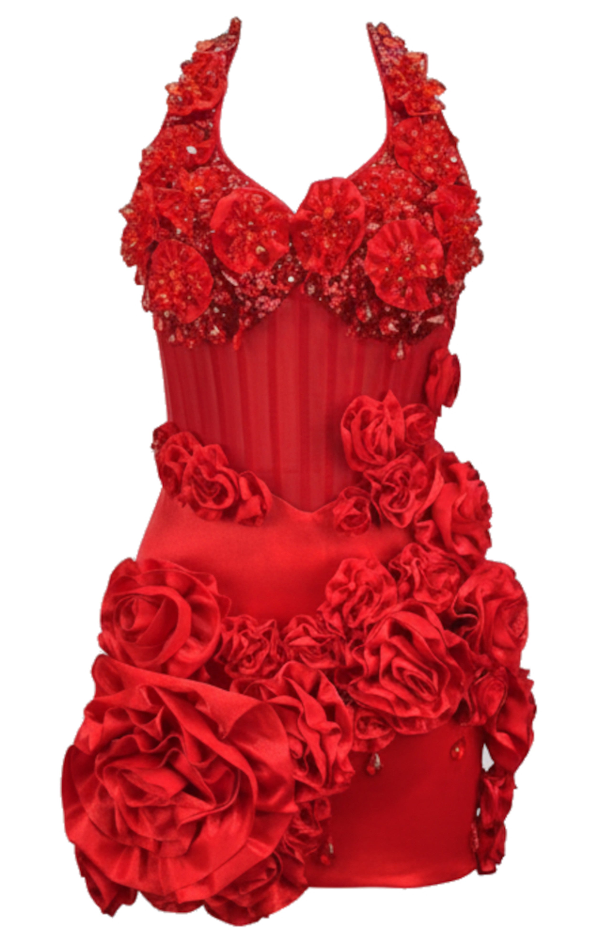 Pryssa Halter Crystal Floral Mini Dress In Red