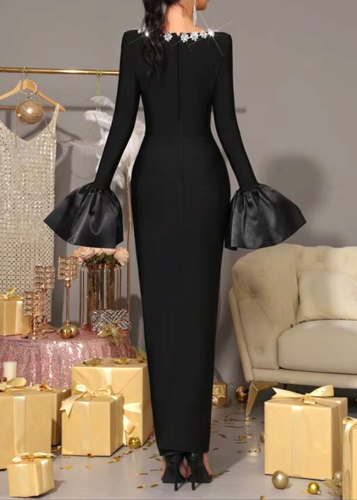 Vyxaria Long Sleeve Crystal Neckline Maxi Dress In Black