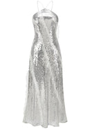 Pandeia Halter Ruffle Detail Sequin Maxi Dress In Silver