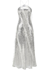 Pandeia Halter Ruffle Detail Sequin Maxi Dress In Silver