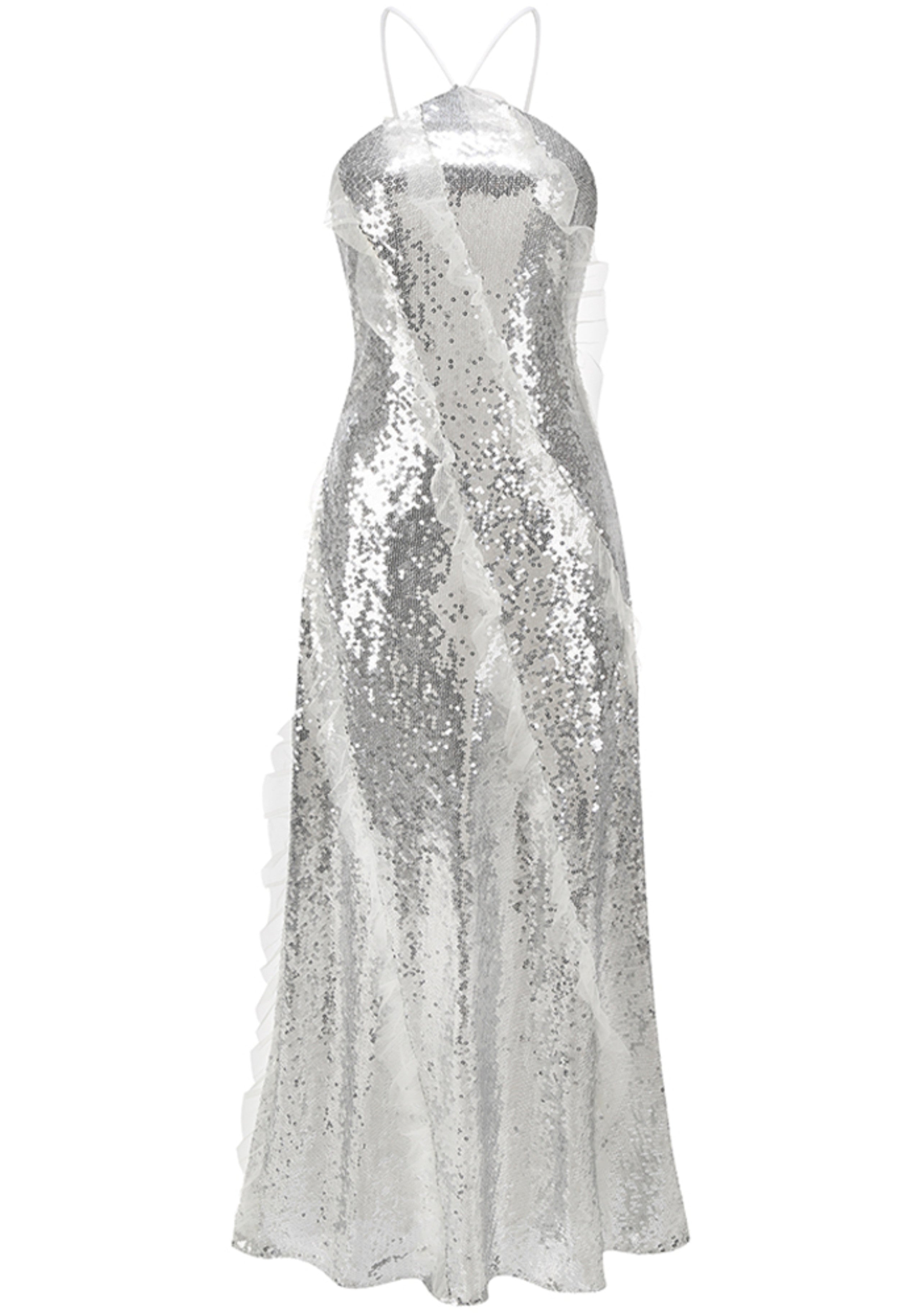 Pandeia Halter Ruffle Detail Sequin Maxi Dress In Silver