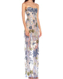 Yvoryth Strapless Sequin Embroidered Floral Maxi Dress In Blue