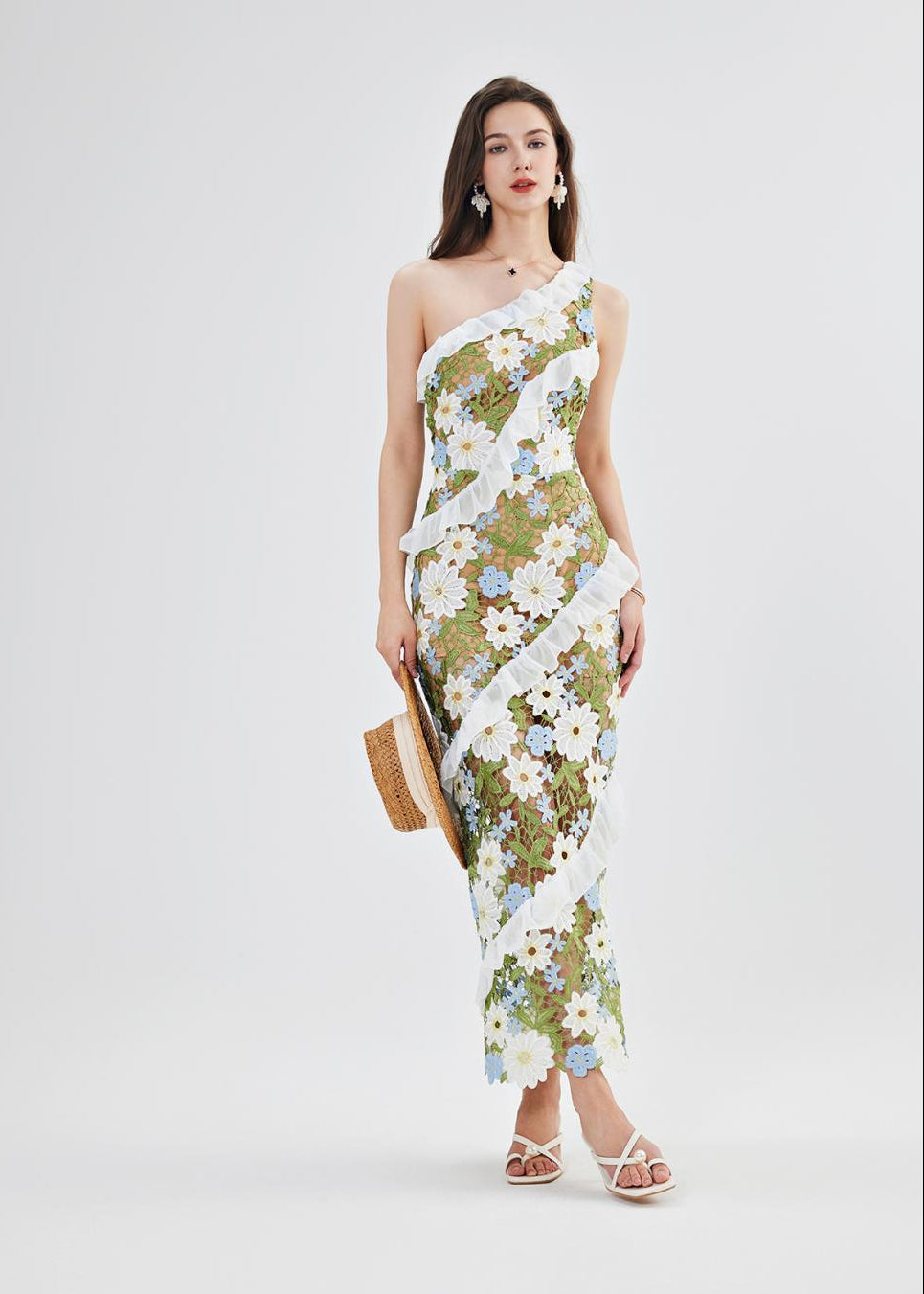 Catherine One Shoulder Flower Embroidered Maxi Dress