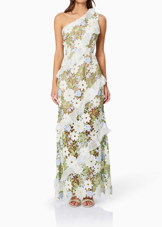 Phylo Floral One Shoulder Lace Maxi Dress In Green