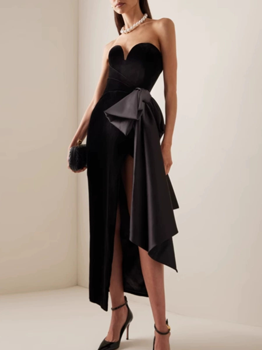 Faron Strapless Bow Maxi Velvet Dress In Black