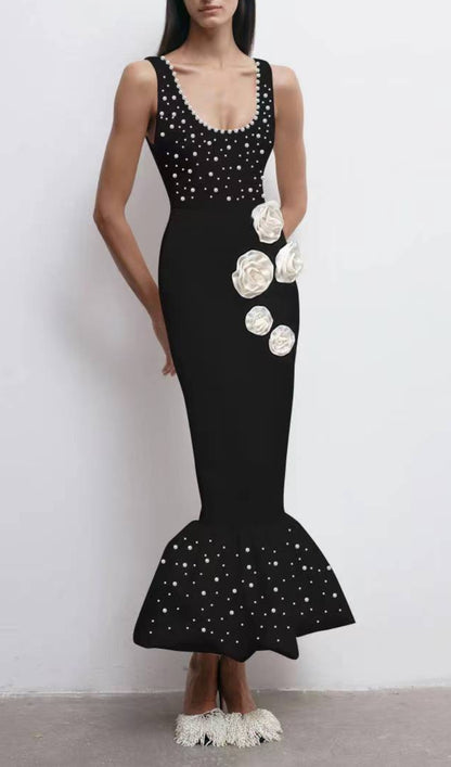 Boris Floral Pearl Embellished Mermaid Maxi Dress In Black