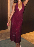 Baryx Halter Sparkly Midi Dress In Burgundy
