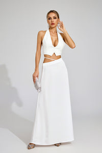 Susie Silk Crop Top Maxi Skirts 2 Pieces Sets In White