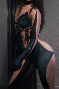 Izabela Body Printed Rhinestone Gloves Jumpsuit In Green