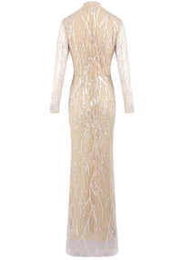 Charnita Long Sleeve Sequin Pearl Maxi Dress In Nude